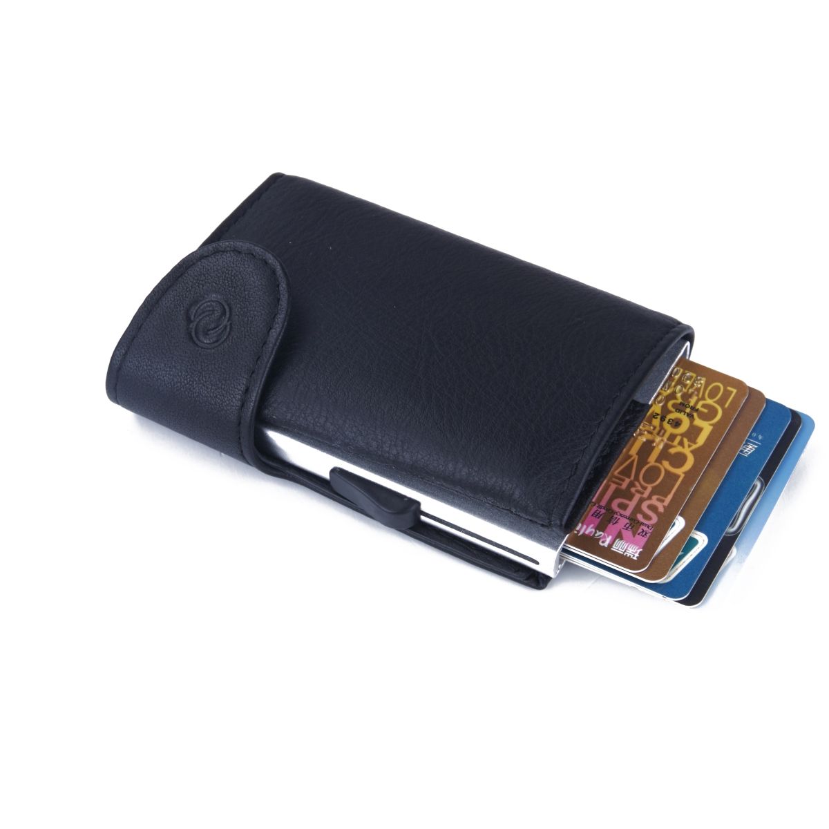 C-Secure Aluminum Card Holder with Genuine Leather - Black